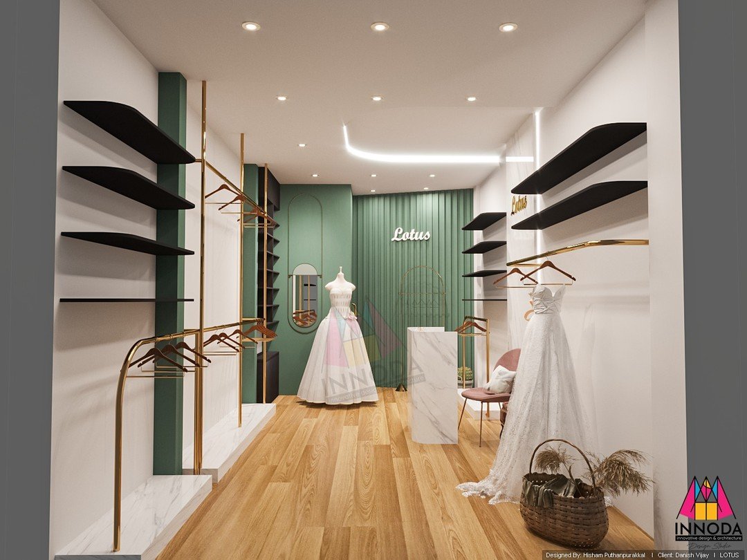 Boutique display racks with spun brass rails and fluted wood